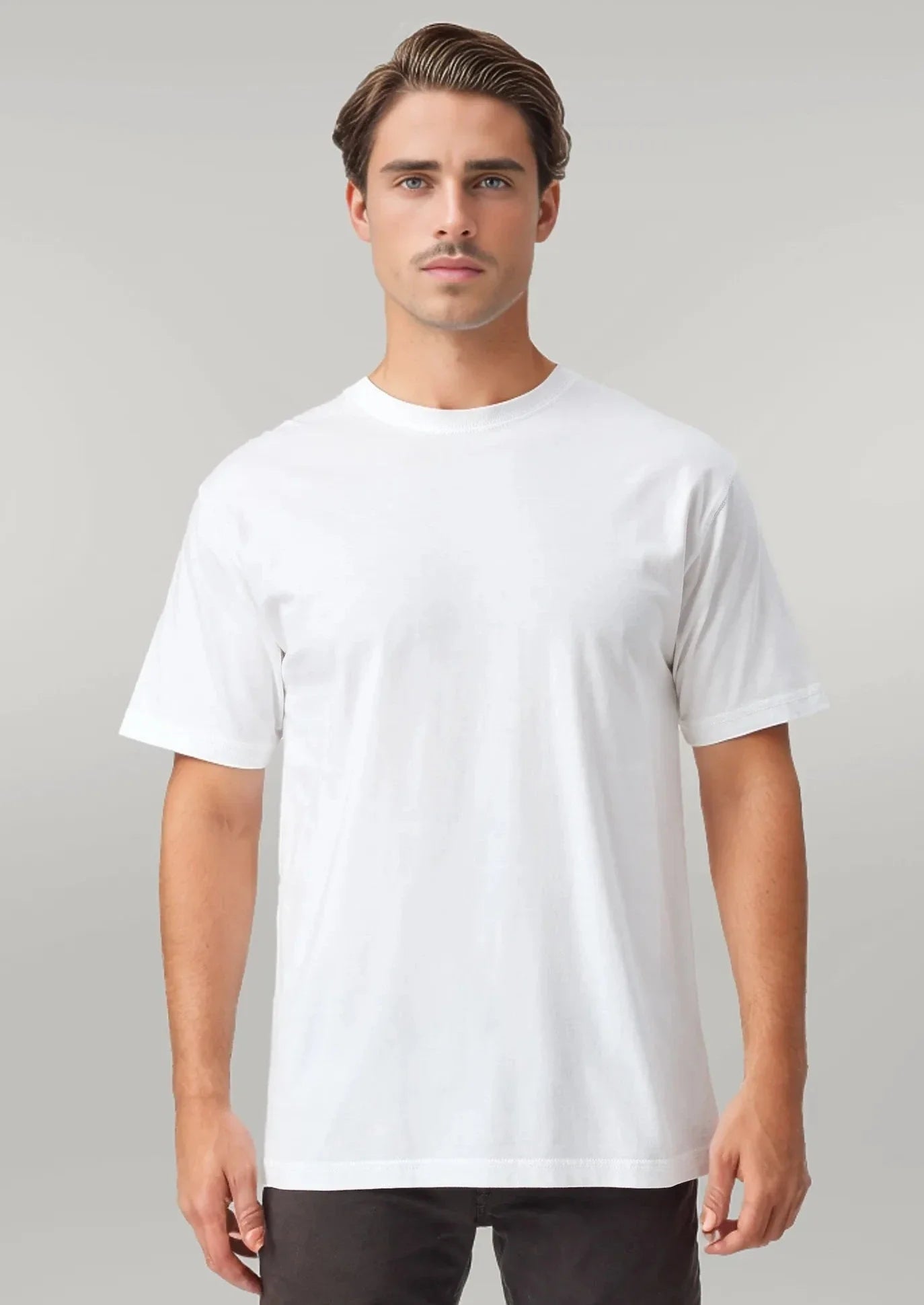 A male model wearing a short-sleeved navy T-shirt with a classic fit and a ribbed collar.