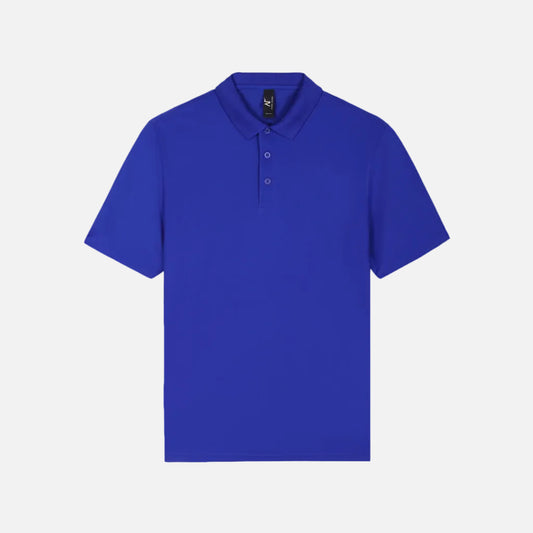 AF210 PERFORMANCE MESH royal blue short-sleeve polo shirt with a three-button placket, displayed flat against a light gray background BY APPAREL FACTORY LA. READY FOR PRINTERS AND TEAMWEAR.
