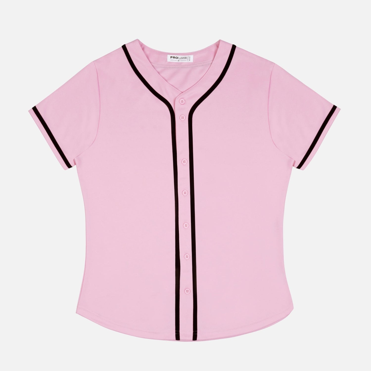 Pink baseball-style shirt with black tape on a light gray background
