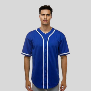 Man wearing a blue baseball jersey with white accents on a gray background