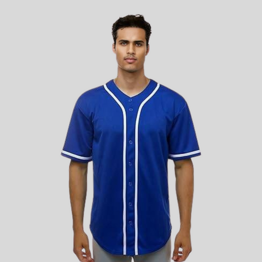 Man wearing a blue baseball jersey with white accents on a gray background